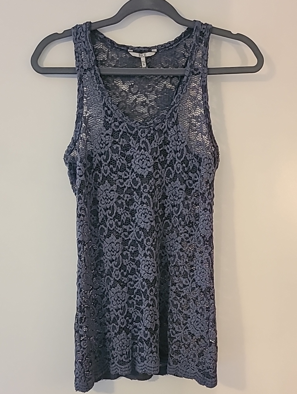 Y2K Buckle BKE Lace Crochet Tank Top Grey Silver Shimmer Boho Floral Sparkle